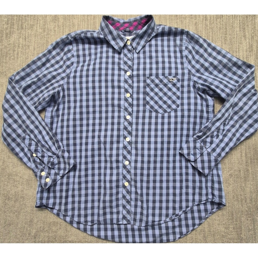 Vineyard Vines womens blue gingham button up long sleeve shirt 10 Cashmere blend